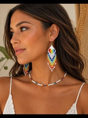 Rainbow Beaded Fringe Earring & Necklace Set Indigenous Matching Boho Western